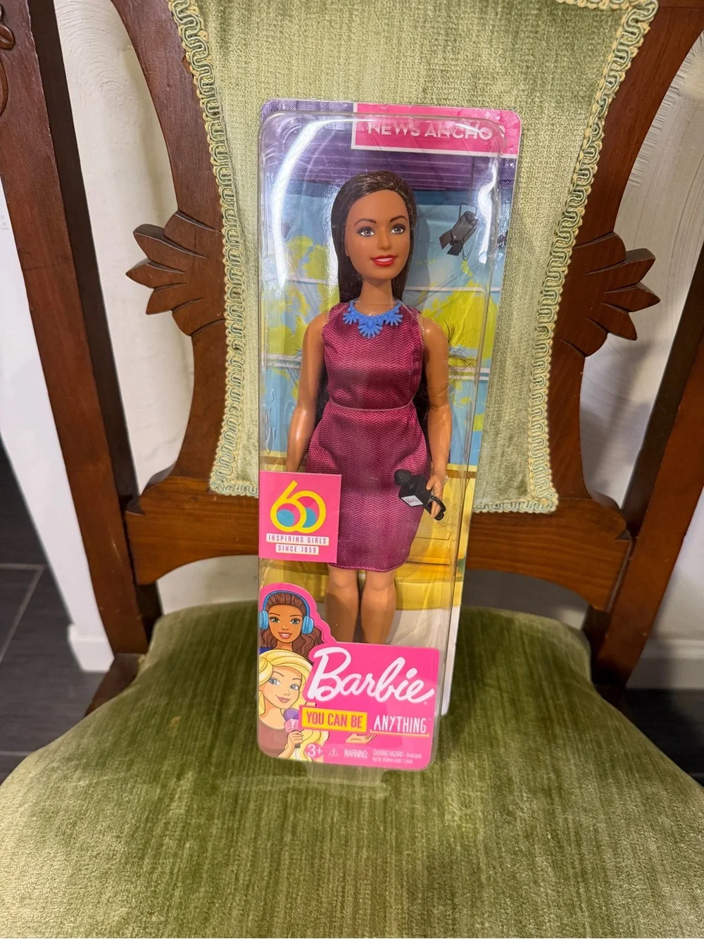 News Anchor Barbie Doll in Burgundy Dress with Microphone